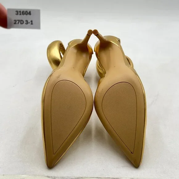 FSJ Gold Pointy Toe Stiletto Heels Evening Ankle Strap Zip Pumps - Picture 7 of 8